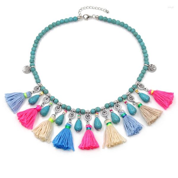 Ожерелье-колье для женщин, ювелирные изделия в стиле бохо, эффектный цветной камень, кулон с кисточкой, цепочка на шею, этническая короткая цепочка