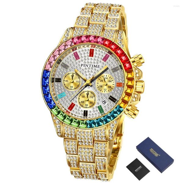 Relógios de pulso PINTIME Mens Relógios Diamante Cronógrafo Gelado Relógio Homens Ouro Relógio de Aço Inoxidável Hip Hop Relogio Masculino