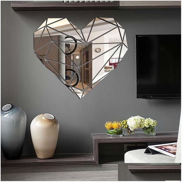 Adesivos de Parede Coração Acrílico Espelho 3D Criativo Geométrico Puzzle Decoração de Casa Sala de estar Quarto Arte Decoração Drop Delivery Jardim Othnx