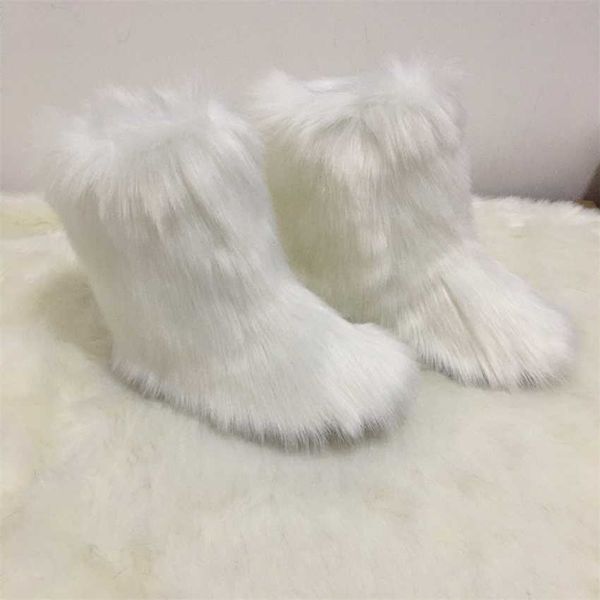 Botlar düz topuklu yüksek taklit rakun köpek kürk kar botları kış orta uzunlukta bayan ayakkabılar 230830