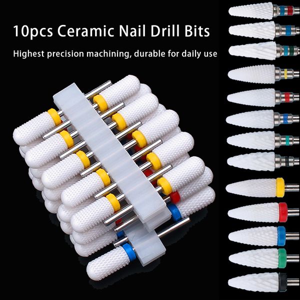 Conjunto de manicure de unhas 10pcs Conjunto de brocas de cerâmica para unhas Cortador de fresagem para manicure elétrica Bit Chama Arquivos de milho Máquina de pedicure Acessórios de polimento 230925