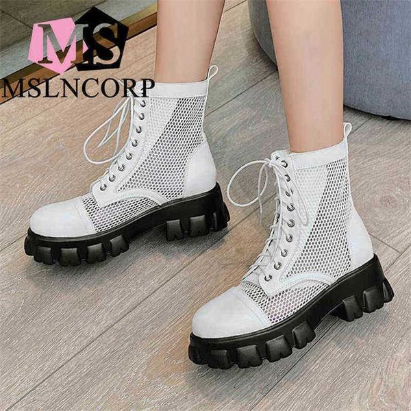 Botas grande menina legal verão lace-up tornozelo malha de couro zíper bombas femininas uso diário dedo do pé redondo respirável mulheres sapatos 220629