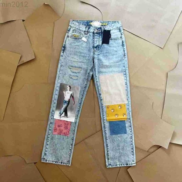 draws jeans Volto sorridente Jeans con patch orsetto Pantaloni lunghi da coppia allentati di marca di moda da uomo e da donna