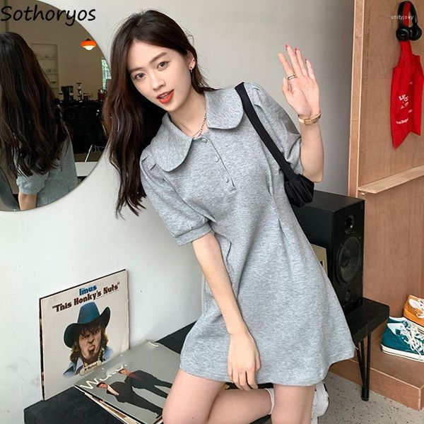 Casual Kleider Frauen Drehen-unten Kragen Design Sommer Koreanischen Stil Mode Puff Sleeve Elegante Büro Damen Einfache Schlank Alle-spiel Chic
