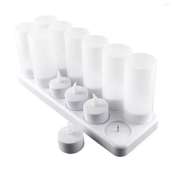 Titulares de vela recarregável sem chama 12 pcs luz amarela LED piscando chá Lights12 copos foscos com base de carregamento UK Plug