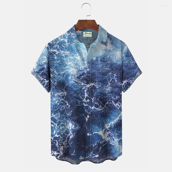 Camisetas masculinas Fieryshirts Ocean Print Férias Havaianas Grandes e Altas Camisa Aloha