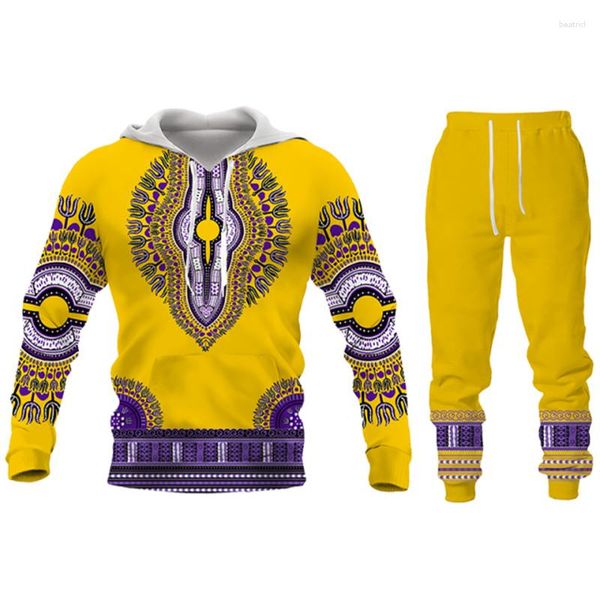 Tracksuits Masculinos 2023 Outono Inverno Africano 3D Impresso Moletom Com Capuz e Calça Set Marca Moda Tracksuit Homens Manga Longa Roupas Terno