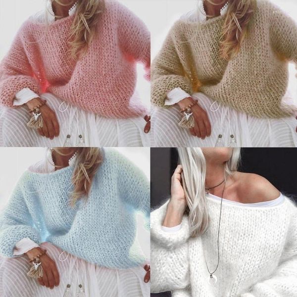 Suéteres femininos Mulheres Lanterna Manga Longa O-pescoço Suéter Fuzzy Pulôver Top Chunky Knit Cor Sólida Oversize Solto