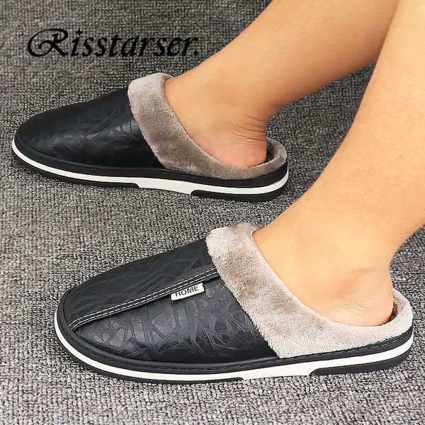 Hausschuhe Plus Größe Männer Hausschuhe Leder Innen Winter Wasserdichte Warme Hause Pelz Frauen Slipper Männlich Unisex Memory Foam Hausschuhe Verkauf 230925