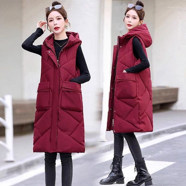 Gilet da donna Giacca autunno-inverno di grandi dimensioni Gilet medio lungo senza maniche Cappotto in cotone con cappuccio Gilet caldo casual Parka Z3263