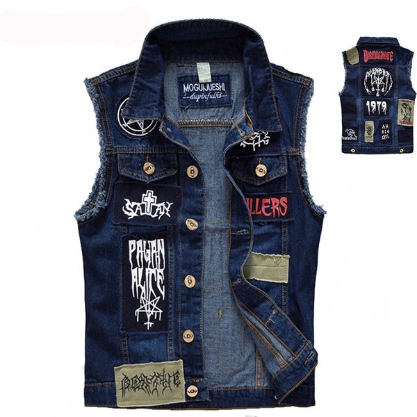 Herrenwesten, klassische Vintage-Jeansweste, ärmellose Jacken, modische Patch-Designs, Punkrock-Stil, zerrissener Cowboy, ausgefranste Denim-Tanks 230925