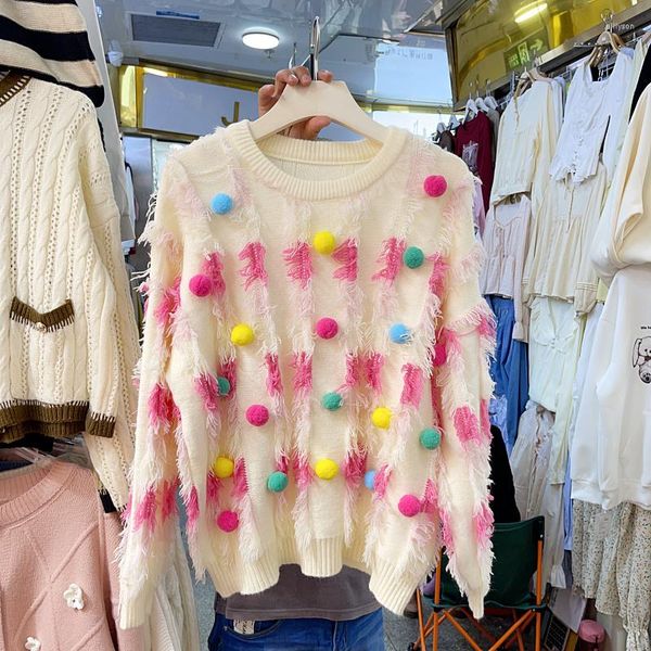 Suéter feminino camisola tricô tie-dye coreano moda feminina cor bola outono pulôver borlas estilo preguiçoso dropship