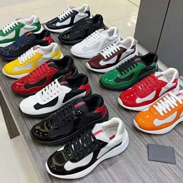 Luxo Cup XL Couro Pradaa Sapatilhas de Alta Qualidade Patente Couro Plano Treinadores Homens Mulheres Nylon Preto Malha Lace-up Ao Ar Livre Runner Trainer Esporte Sapatos