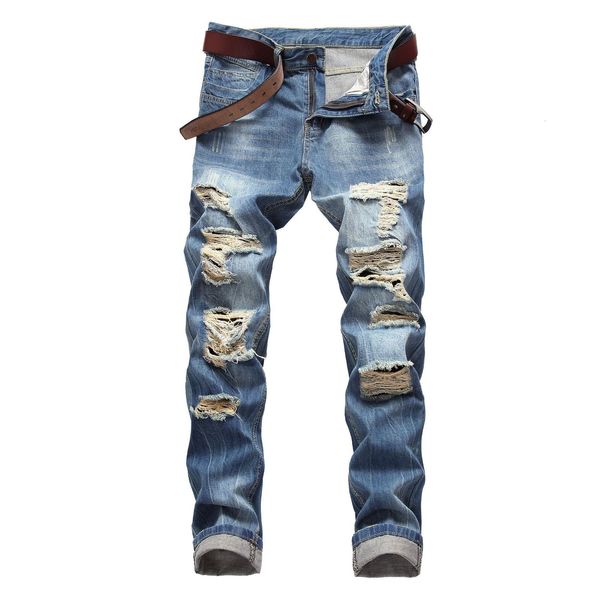 Herren-Jeans, Denim-Hosen, hohe Qualität, gerade Jeans, ausgewaschen, zerrissene Löcher, Knopf, hellblau, schmale Passform, Streetwear, Herren, Cowboy-Hosen, Verkauf 230926