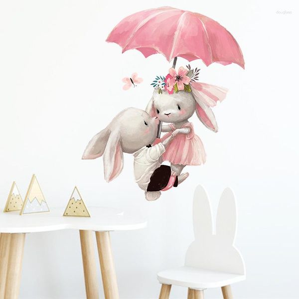 Wandaufkleber Kawaii 3D-Aufkleber Romantischer Regenschirm Küssende Liebhaber Kaninchen Muraux Art Room Decor Adesivo De Parede P073