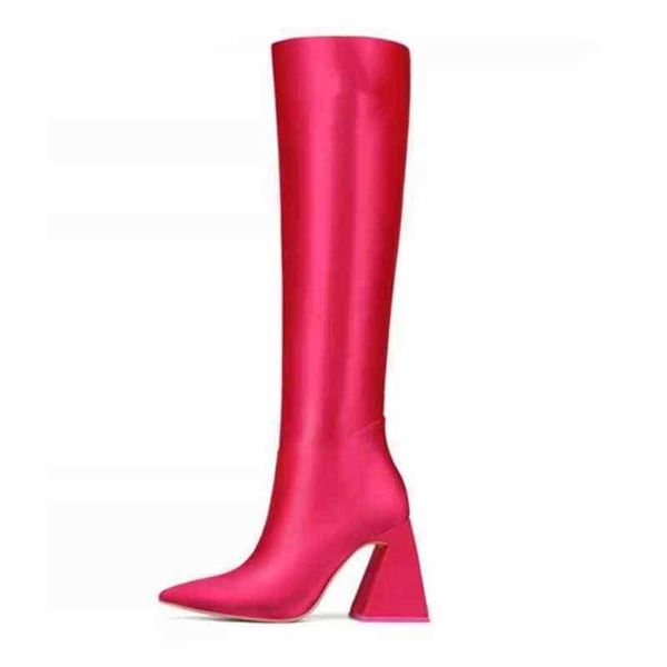 Botas Mulheres Joelho Alto Rosa Pano Vermelho Apontou Toe Long Mulheres Elegantes Salto Chunky Designer Sapatos Botas Femininas 220729