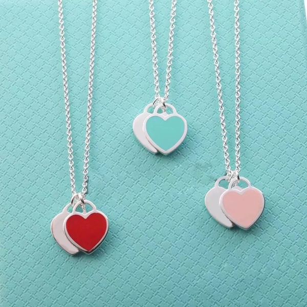 NUOVA Collana in argento Ciondolo con etichetta a doppio cuore Ritorno a Tiff Blue Love Charms Oro rosa Collane di design di lusso Gioielli di moda di marca Regalo perfetto WW