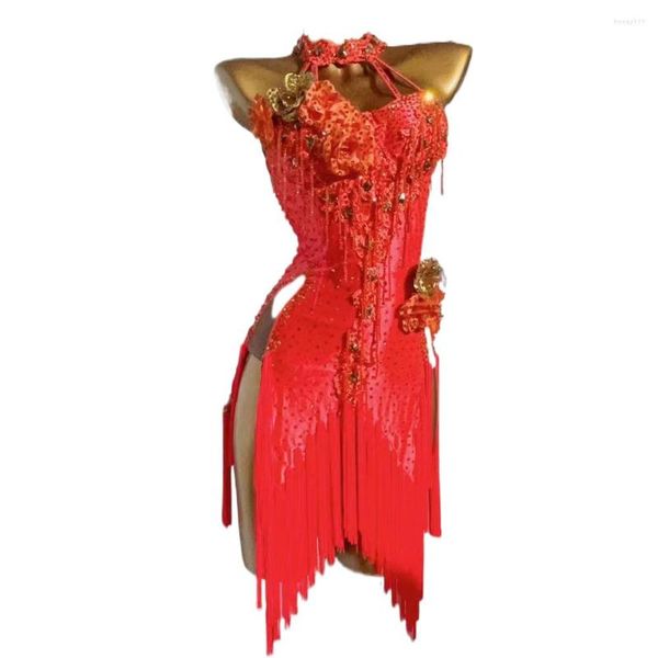 Palco desgaste competição de dança latina feminino high-end personalizado diamante vermelho floral borla rumba cha tango vestido de piscina preto para crianças