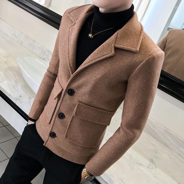 Lã masculina M-3XL clássico gola entalhada único breasted mistura ervilha casaco cor lisa manga longa casacos de inverno roupas