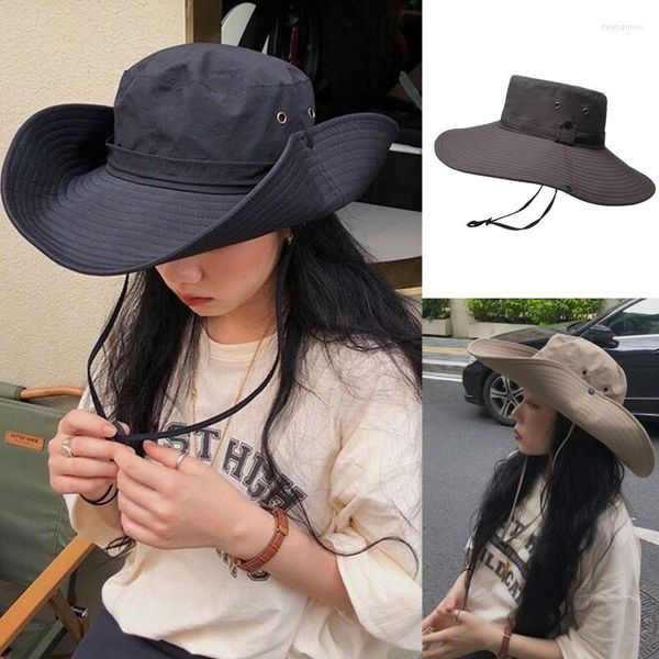 Ampla borda chapéus na moda pescador chapéu dobrável cowboy safari balde com cinta de queixo para unisex masculino feminino verão desgaste diário