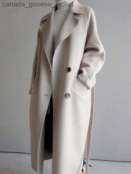 Misto lana da donna Giacca di lana beige Donna Autunno Inverno Casual Risvolto Cappotti lunghi Donna Elegante Vintage Moda coreana Cappotto oversize allentatoL230926