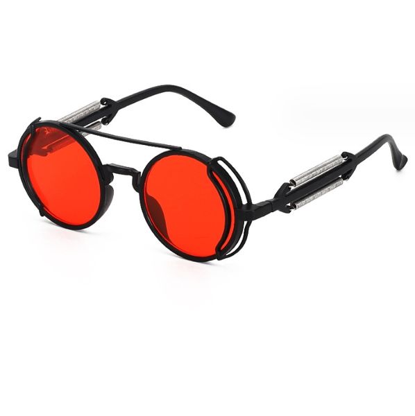 Steampunk güneş gözlükleri erkekler yuvarlak kırmızı lens punk güneş gözlükleri siyah metal gotik stil yeni ürünler kadın uv400 tonları