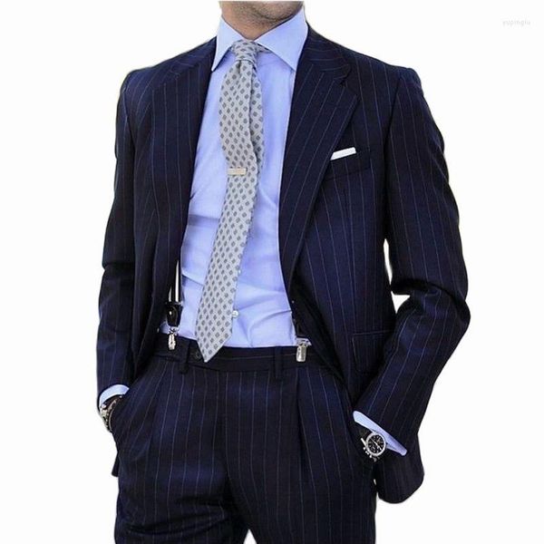 Herrenanzüge Design Nadelstreifenanzug für Männer 2 Stück Marineblau Slim Fit Business-Blazer Formeller Bräutigam Hochzeit Smoking Trajes De Hombre