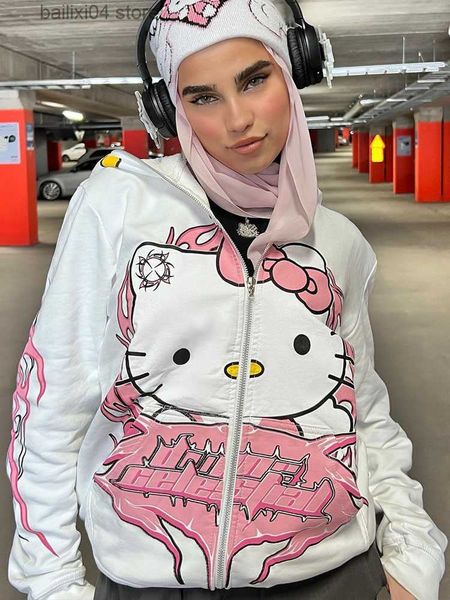 Erkek Hoodies Sweatshirt Tatlı ve Sevimli Kawaii Baskılı Fermuar hırka kızlar uzun kollu cep sweatshirt gevşek gündelik retro y2k anime t230926