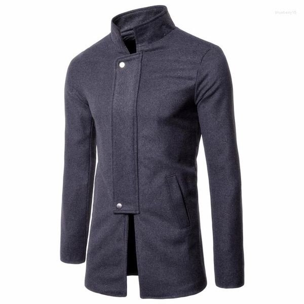 Lã masculina M-3XL outono mistura ervilha casaco clássico botão coberto jaqueta leve cor lisa manga longa trench coats masculino xxxl