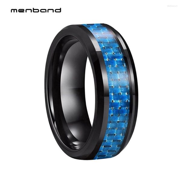 Anéis de casamento 8mm carboneto de tungstênio para homens mulheres banda azul fibra de carbono incrustação moda jóias chanfradas conforto ajuste