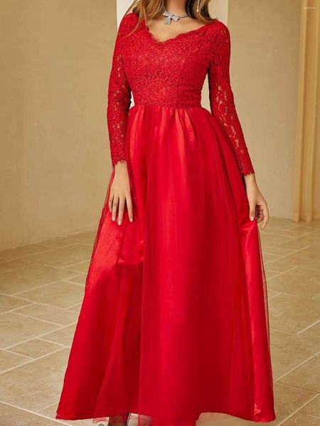 Abiti da festa 2023 Abito da sposa a maniche lunghe in tulle di pizzo rosso Vestido De Novia Abito da sera con scollo a cuore A-Line Abiti per la madre della sposa