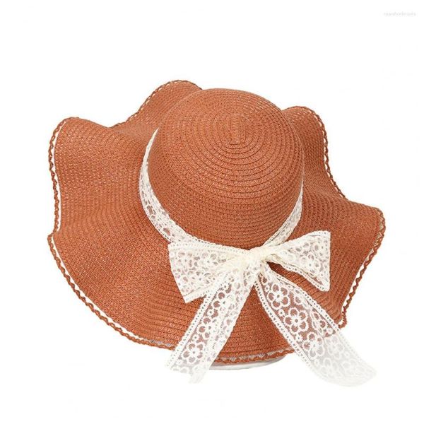 Chapéus de borda larga para mulheres bordado flor padrão fita bowknot decoração chapéu de sol cúpula redonda fina grande palha flexível verão