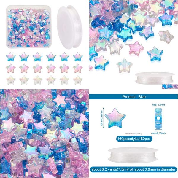 Acryl-Kunststoff-Lucite 480 Stück Stern-transparente Perlen mit klarer elastischer Kristallschnur für DIY-Kindertag-Stretch-Armband-Schmuck MA Dhw7O