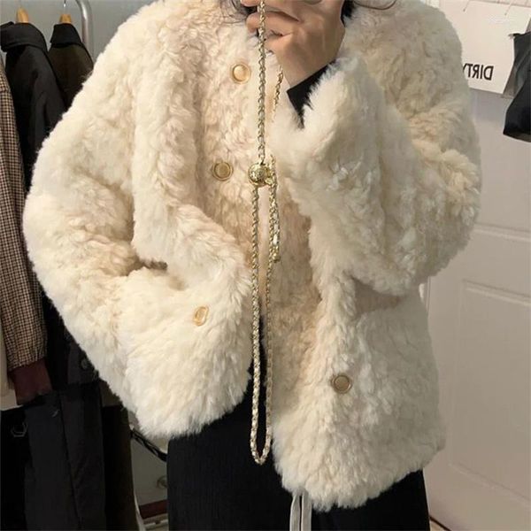 Casaco de inverno de pele feminina para mulheres quente espessamento velo falso casacos fofo curto menina jaqueta elegante bonito solto moda manga longa topo