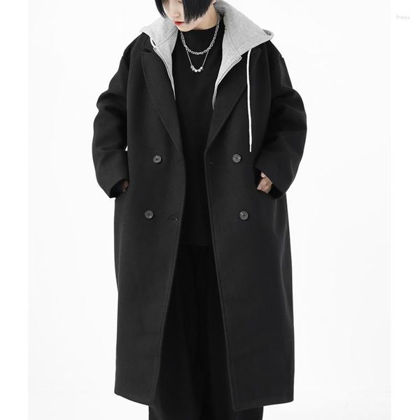Lã masculina xuxi 2023 inverno vintage duplo breasted lã casaco feminino preto emenda solto com capuz cardigan engrossar moda blusão e4524
