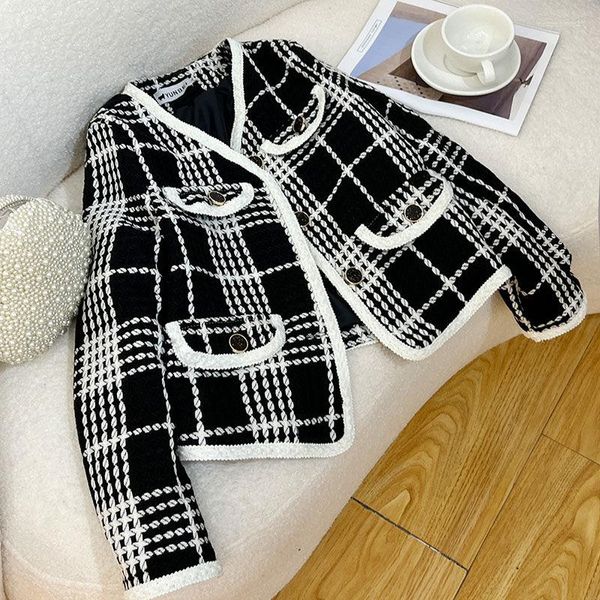 Giacche da donna Cappotto da donna e 2023 Autunno Inverno Design estetico Stile coreano Nero Bianco Plaid Moda Slim Elegante