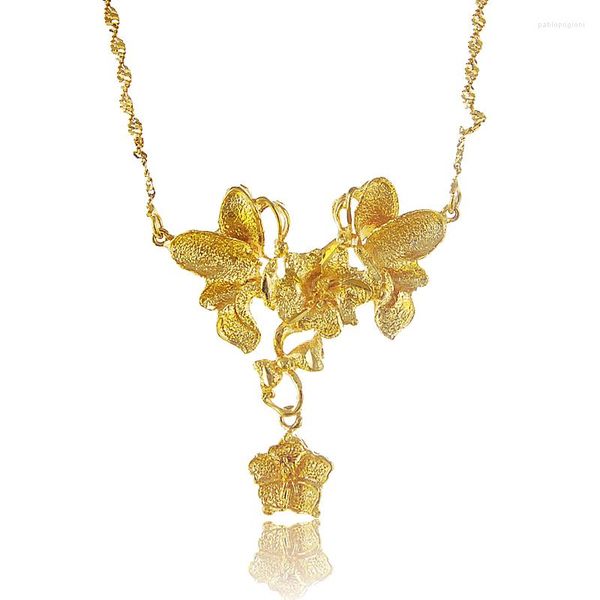 Catene Collana con ciondolo in oro puro 24 carati per donna Accessori da sposa di lusso Regali Colore giallo Colgante Fiore squisito vintage