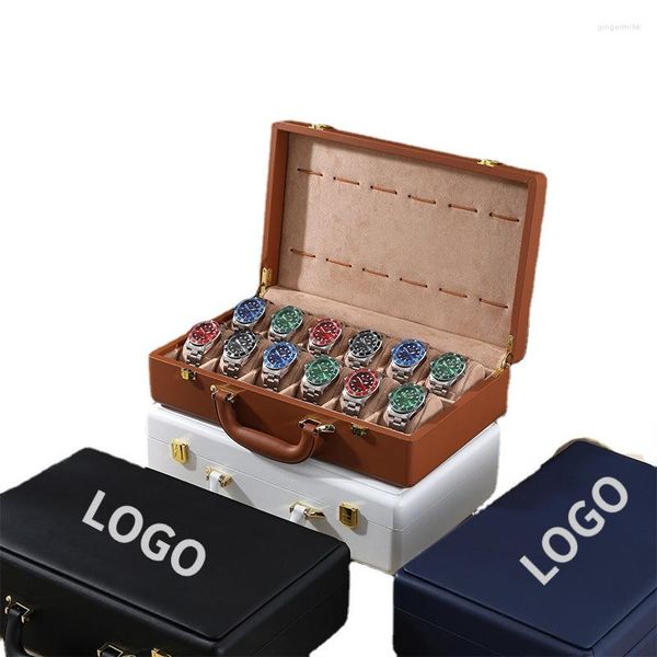 Caixas de relógio caso armazenamento 12 slots relógios organizador exposição de negócios exibição de alta qualidade para coleção de mala de couro