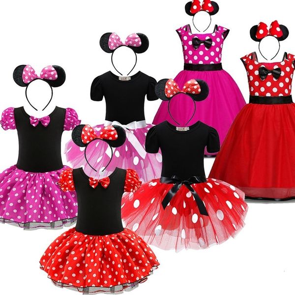 Vestidos da menina menina vestidos crianças verão red dot mouse traje bebê festa de aniversário roupas crianças princesa natal disfarce headwear 230925
