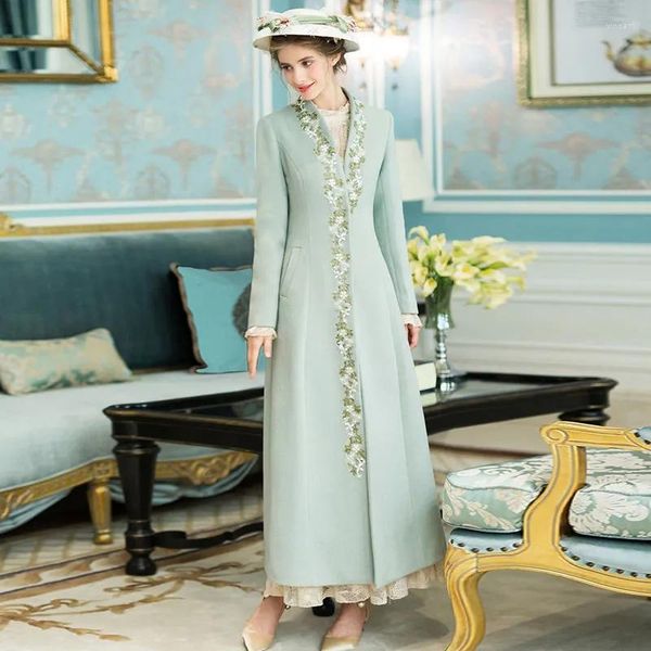 Lã feminina 2023 longo casaco de inverno indústria pesada estilo chinês grosso elegante fino-ajuste bordado rendas de lã alongar senhoras