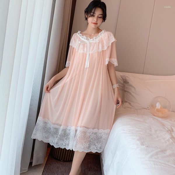 Mulheres sleepwear 2023 princesa nightdress feminino verão manga curta renda branca longa camisola mulheres vestido de casa para dormir