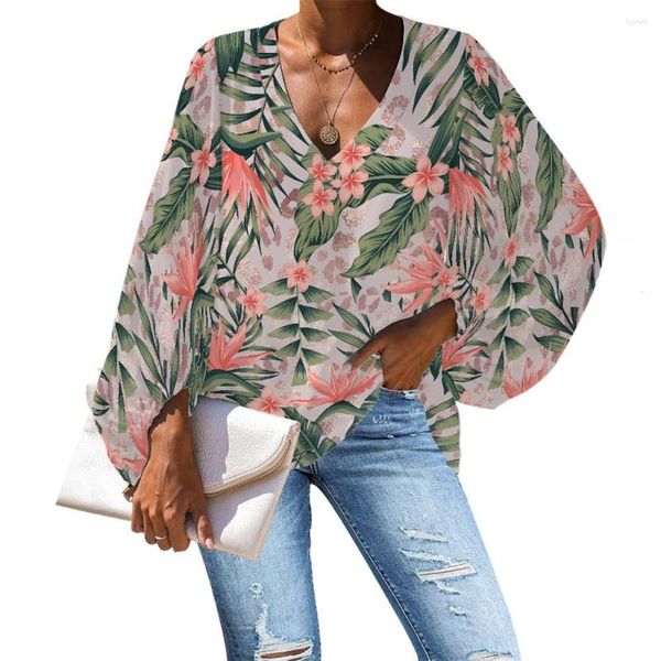 Женские блузки, весенние женские повседневные шифоновые рубашки с длинным рукавом и v-образным вырезом, свободная леопардовая кожа с тропическими растениями и цветочным принтом для женщин 2023