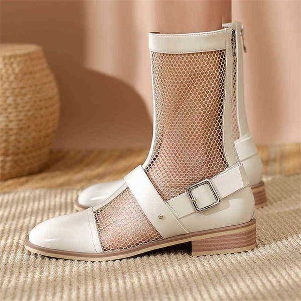 Stiefel Sommer Knöchel Frauen Mode Leder Mesh Entilate Quadratische Ferse Schuhe Damen Büro Arbeiten 220629