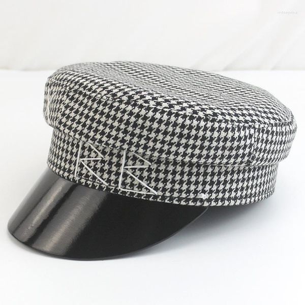 Berretti Autunno Inverno Donna Berretto da ragazzo Berretto vintage da lettera piatto Baker Boy Cappello ottagono pied de poule bianco e nero