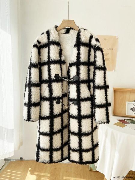 Frauen Pelz 2023 Winter Oversize Langen Mantel Frauen Plaid V-ausschnitt Dicke Warme Flauschige Faux Teddy Jacke Graben Mäntel strickjacke