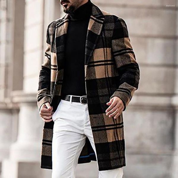 Männer Wolle Plaid Revers Revers Mid-Länge Europäischen Mantel Drucken Woolen Mann Schlank Windjacke Frühling Herbst Mode Mantel