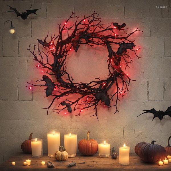 Flores decorativas aqumóticas preto guirlanda de porta de halloween com luzes cabide ao ar livre pvc decoração assustadora para janela ramo iluminado assustador