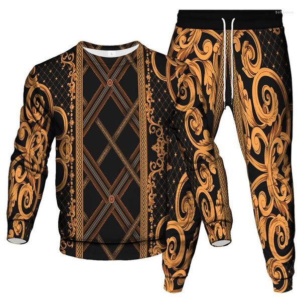 Fatos masculinos estilo barroco vintage luxo real leopardo impressão flor dourada homens mulheres tracksuit moletom calças 2 peça conjunto roupas