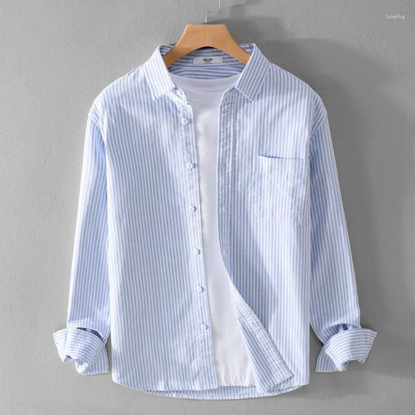 Мужские повседневные рубашки 9869, хлопковая полосатая рубашка, весенне-осенняя модная простая блузка с длинными рукавами и карманами, свежий стиль, блузка, топ, одежда-оксфорд