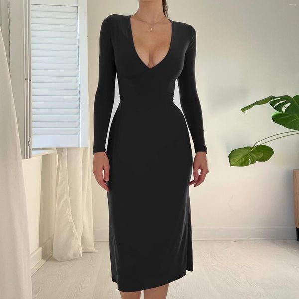 Lässige Kleider Herbst 2023 Europäischer und amerikanischer Stil eleganter V-Ausschnitt Slim Fit Long Sleeve Taillengurt Kleid Frauen Vestido